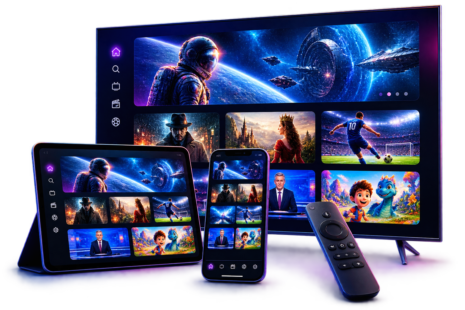 BMZox premium IPTV streaming displayed on a Smart TV, tablet and smartphone