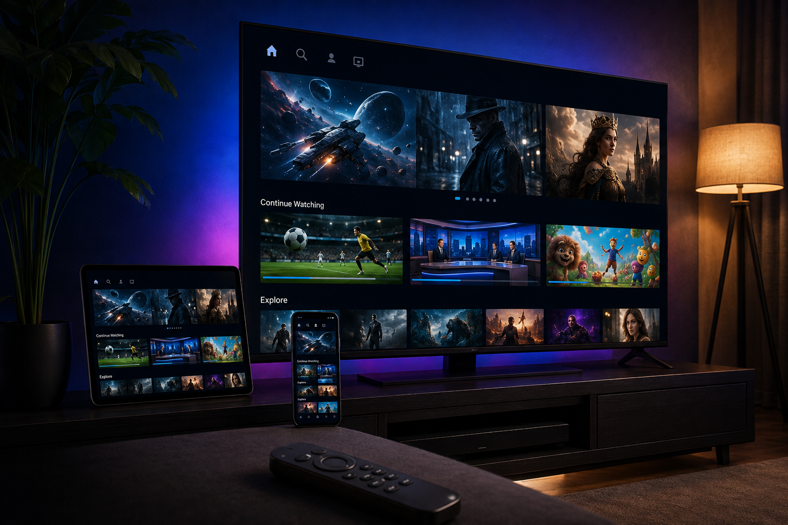 BMZox IPTV streaming interface on a Smart TV, tablet and smartphone in a modern home entertainment room