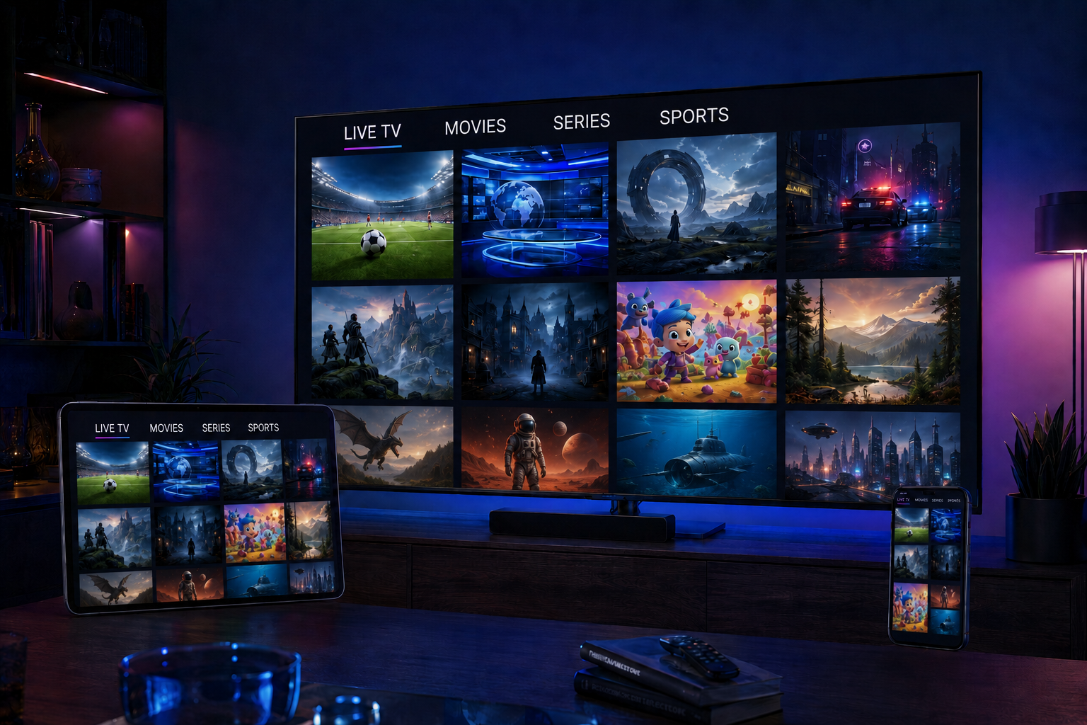 BMZox IPTV interface displayed on a Smart TV, tablet and smartphone with live sports, movies, series and receiver compatibility icons